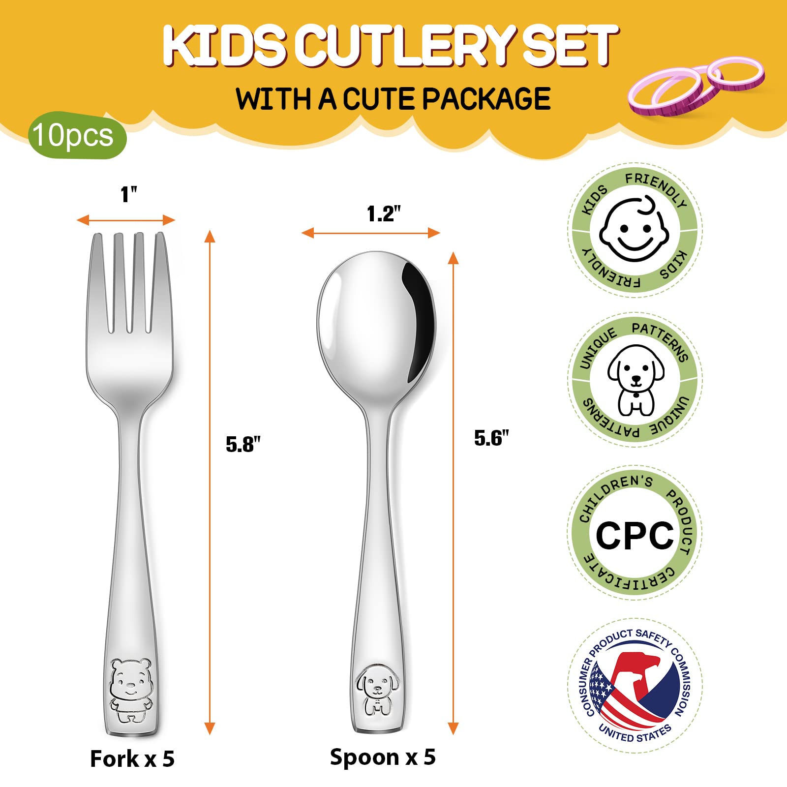 VITEVER 10-Piece Toddler Utensils, Kids Stainless Steel Silverware Set, Children Safe Forks and Spoons - Mirror Polished, Dishwa